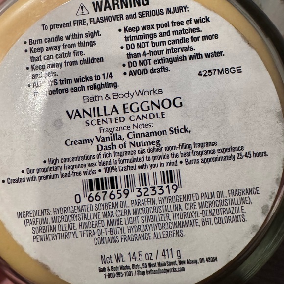 Vanilla Eggnog Candle Bath and Body Works - Picture 3 of 3